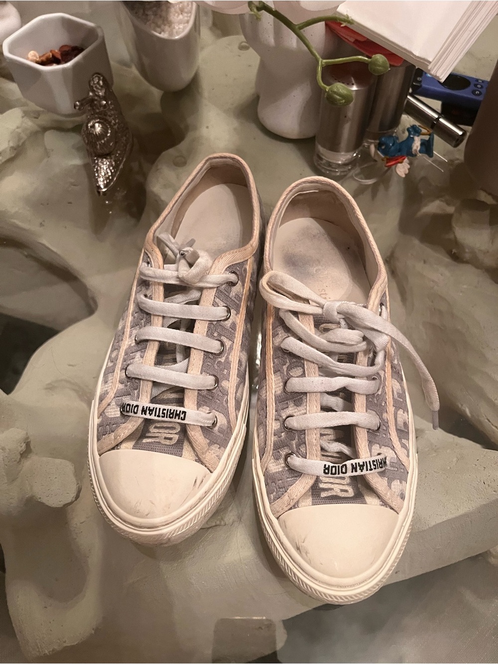 Dior Beige and Light Gray Monogram Low-Top Sneakers